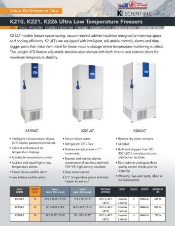 K210, K221, K226 Ultra Low Temperature Freezers